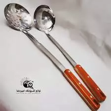 کفگیر ملاقه استیل بلند دسته چوبی